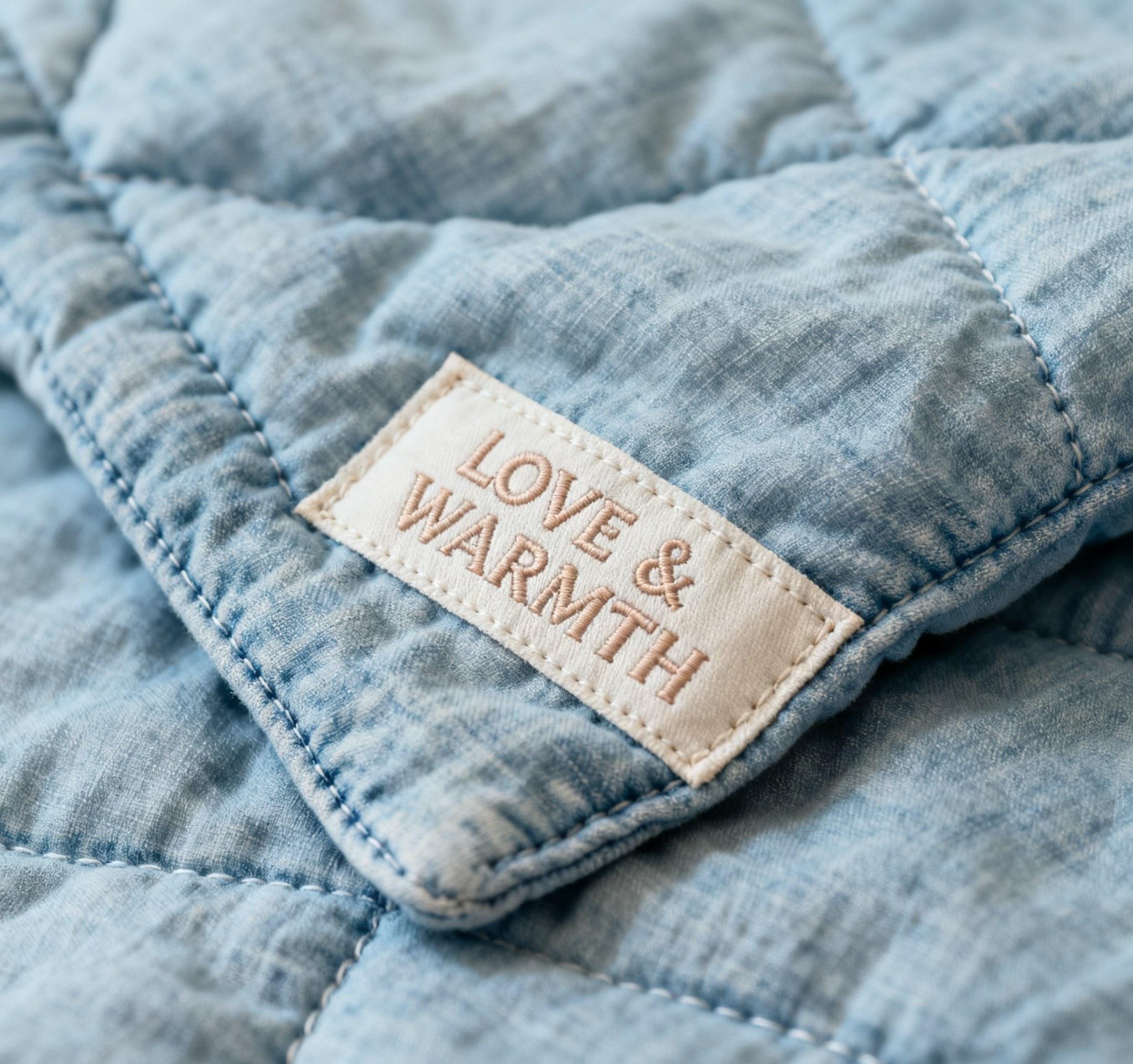 Custom woven quilt label stitched on handmade quilt edge.
